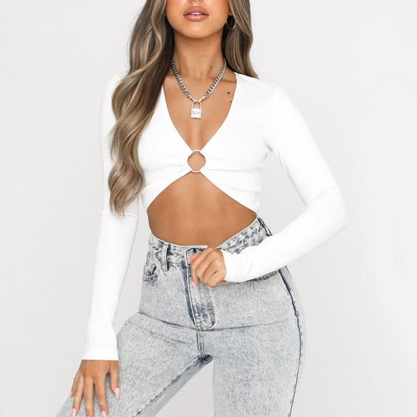 2021 European and American spring and autumn ins new women's wear sexy V-neck hollowed out splicing slim fitting long sleeve solid color bottomed blouse 