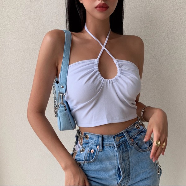 European and American foreign trade solid color low breast drawcord multi wearing method suspender sexy vest sleeveless women's slim open navel short top 