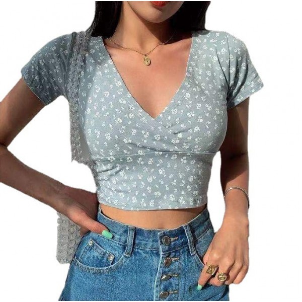 European and American slim fit short V-neck floral top fat mm new summer navel exposed temperament short sleeve T-shirt is thin and bottomed 