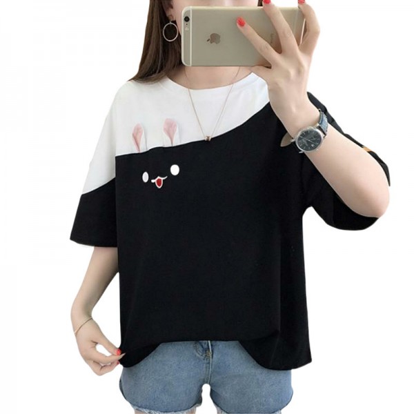 2022 summer new embroidered rabbit Korean color matching T-shirt student top loose short sleeved women's wear a shop 