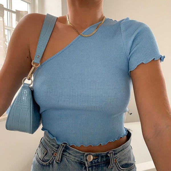 European and American women's cross-border foreign trade Amazon wish hot selling exposed navel sexy diagonal collar cross sports vest T-shirt women 