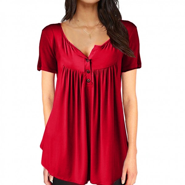 Amazon wish express European and American pop 2019 pleated open button loose short sleeved T-shirt 