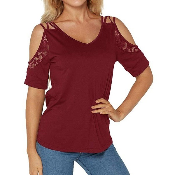 2020 summer new wish Amazon popular European and American women's neckwear hollow out short sleeve splicing T-Shirt Top 