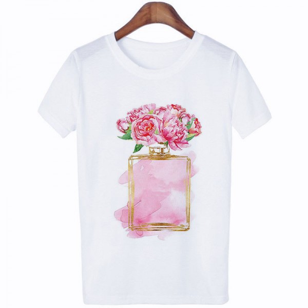 Amazon WISH hot lady 3D perfume printing short sleeved leisure t-shirt t-shirt factory direct sale 