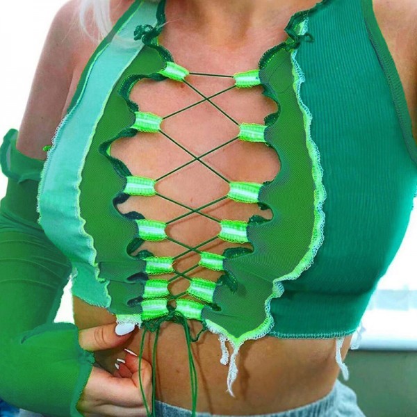 Amazon ins2021 autumn new women's clothing perspective mesh splicing strap hollowed out sexy slim fit T-shirt 