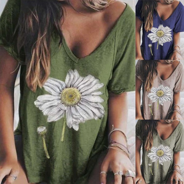 Amazon eBay quick selling popular European and American women's T-shirt summer 2021 casual V-neck printed short sleeved top 