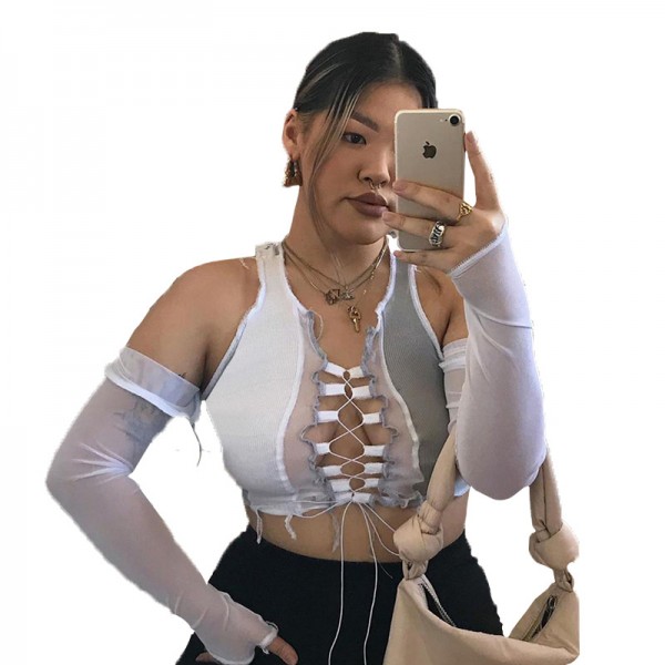 Amazon ins2021 autumn new women's clothing perspective mesh splicing strap hollowed out sexy slim fit T-shirt 