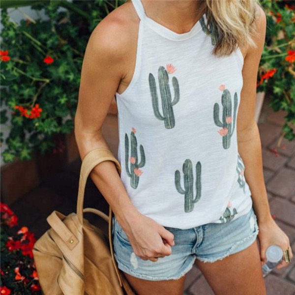 2021 Amazon wish new sleeveless round neck cactus print vest casual loose European and American small suspender 