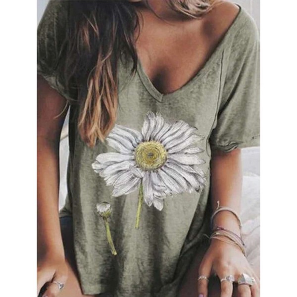 Amazon eBay quick selling popular European and American women's T-shirt summer 2021 casual V-neck printed short sleeved top 