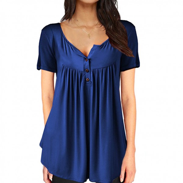 Amazon wish express European and American pop 2019 pleated open button loose short sleeved T-shirt 