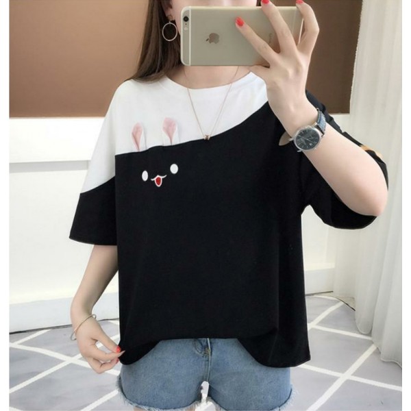 2022 summer new embroidered rabbit Korean color matching T-shirt student top loose short sleeved women's wear a shop 