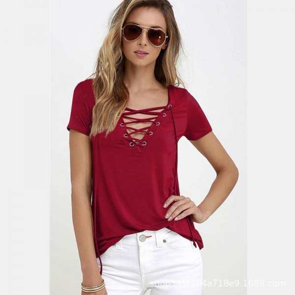 2021 Amazon eBay foreign trade European and American summer new women's sexy V-neck T-shirt women's top short sleeve 10 color 8 size 