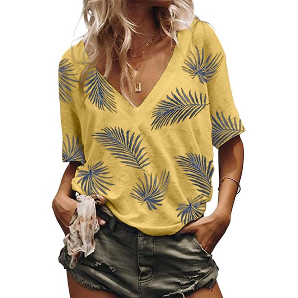 2021 European and American foreign trade summer Amazon Women's top loose print V-neck short sleeve 