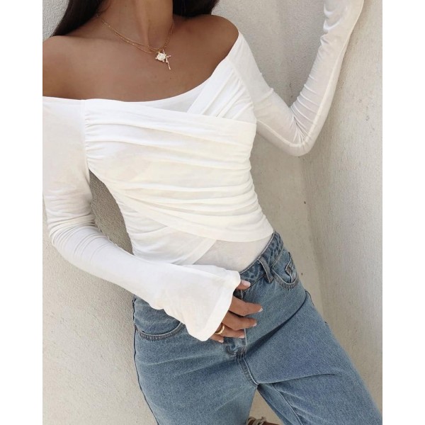 2019 European and American women's long sleeve straight neck off shoulder T-shirt women's T-shirt 