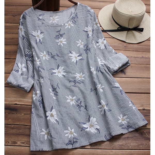Striped embroidered long sleeve loose large women's dress shirt 