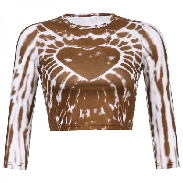2021 spring foreign trade European and American style women's clothing personalized street love printing tie dyeing sexy navel exposed long sleeved T-shirt 