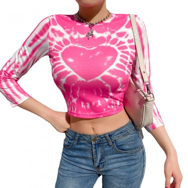 2021 spring foreign trade European and American style women's clothing personalized street love printing tie dyeing sexy navel exposed long sleeved T-shirt 