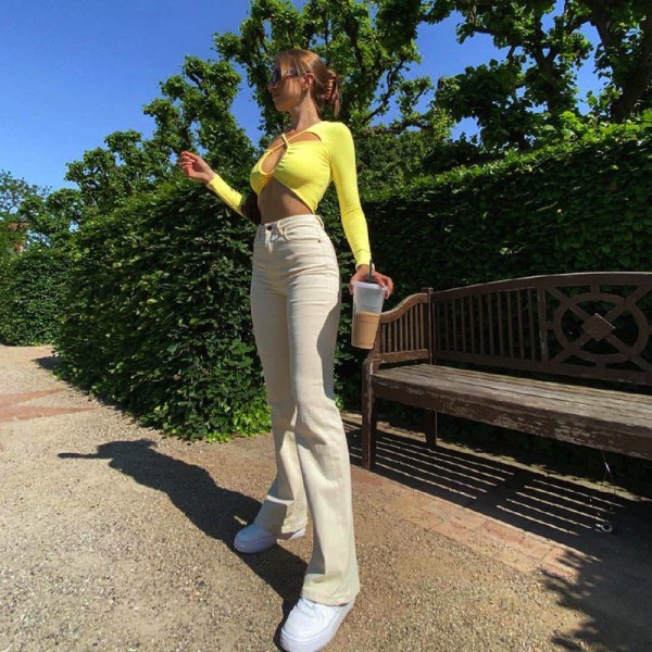 European and American style 2021 summer new women's fashion design sexy hollow out short navel exposed long sleeve T-shirt for women 