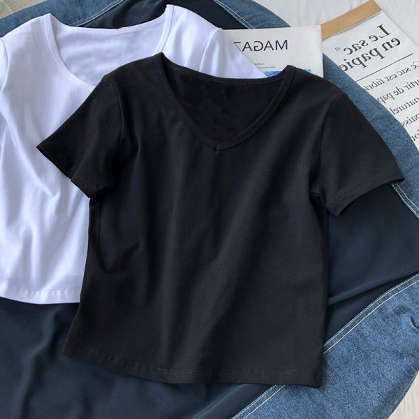 2022 European and American foreign trade women's cross-border New Amazon popular solid color V-neck short sleeve T-shirt women's summer short top 