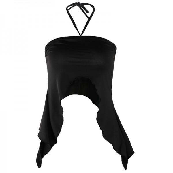 Ins European and American foreign trade cross-border 2021 heart hot selling solid color two wear ear edge hanging neck vest black suspender shirt 