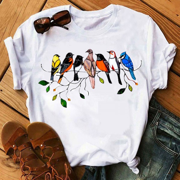 Wishebay foreign trade European and American women's loose round neck white bird print short sleeve T-shirt 