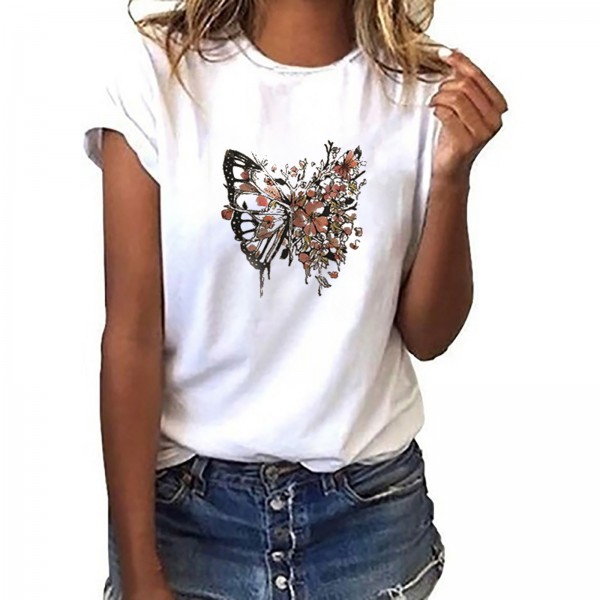 Wishebay foreign trade European and American women's loose round neck white bird print short sleeve T-shirt 