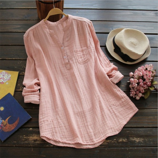 Amazon Europe and the United States new pure color versatile long sleeve stand collar Long Shirt Top 