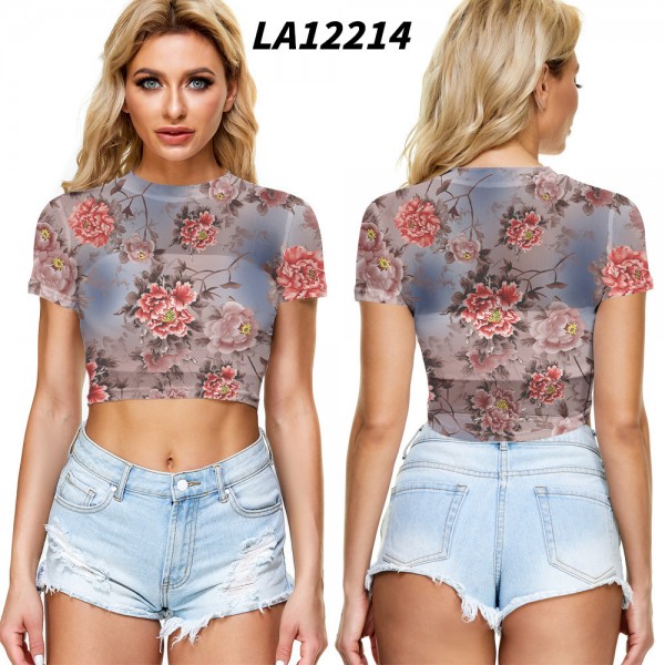 2021 New Amazon Women's cross border summer navel exposed mesh sexy short sleeve T-shirt round neck Pullover Europe and the United States 