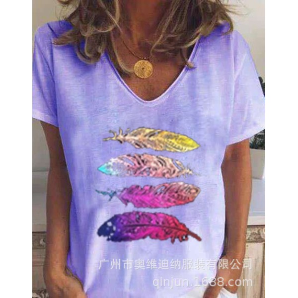 Wish2020 Amazon foreign trade new European and American summer feather 4 printed short sleeve women's T-shirt 