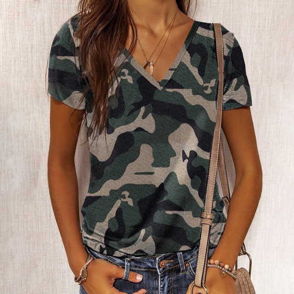 Cross border wish European and American summer 2022 New Amazon fashion slim fit Pullover head leopard V-neck short sleeved top women 