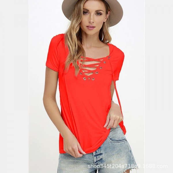 2021 Amazon eBay foreign trade European and American summer new women's sexy V-neck T-shirt women's top short sleeve 10 color 8 size 