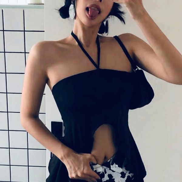 Ins European and American foreign trade cross-border 2021 heart hot selling solid color two wear ear edge hanging neck vest black suspender shirt 