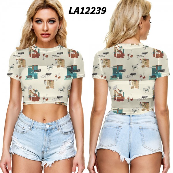 2021 New Amazon Women's cross border summer navel exposed mesh sexy short sleeve T-shirt round neck Pullover Europe and the United States 
