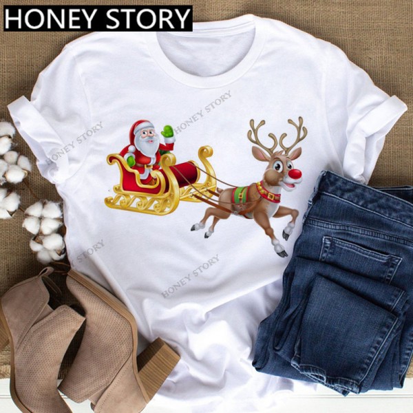 European and American Express New Christmas cartoon cute Santa elk reindeer printed men's and women's T-shirt 