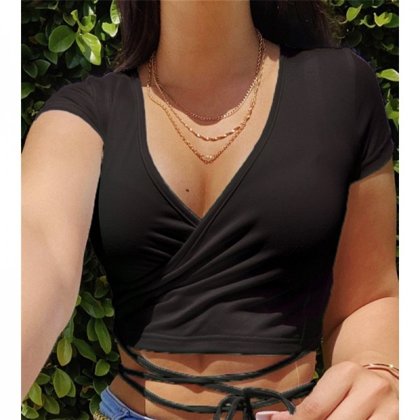 Cross border supply 2021 summer European and American new women's clothing independent station fashion sexy solid color V-neck short sleeve bandage small T-shirt 