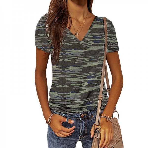 Cross border wish European and American summer 2022 New Amazon fashion slim fit Pullover head leopard V-neck short sleeved top women 
