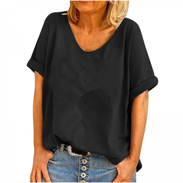 European and American solid color T-shirt blouse w...