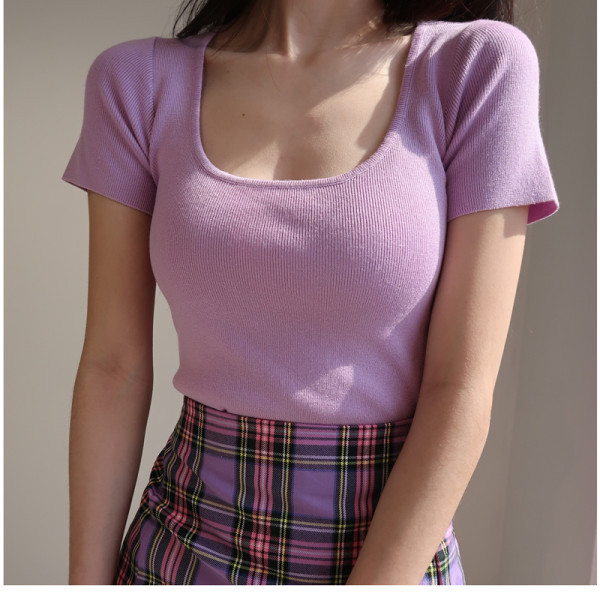Amazon European and American slim fit T-shirt summer square neck high elastic solid color top large short sleeve belly button bottomed shirt 
