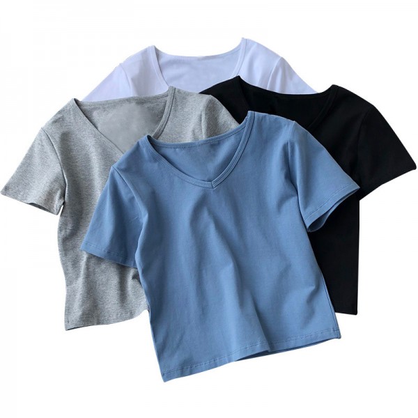 2022 European and American foreign trade women's cross-border New Amazon popular solid color V-neck short sleeve T-shirt women's summer short top 