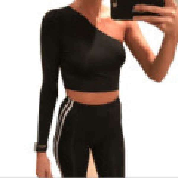 2021 cross border European and American Express 2020 new women's one shoulder long sleeve hollow out sexy navel top T-shirt 