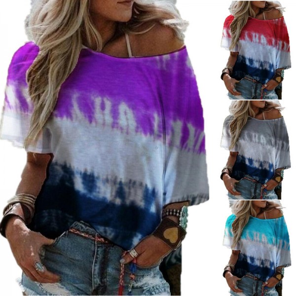 2021 European and American cross border women's clothing Amazon wish summer print gradient bat sleeve off shoulder short sleeve T-shirt 