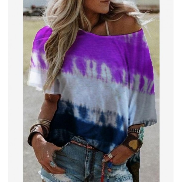 2021 European and American cross border women's clothing Amazon wish summer print gradient bat sleeve off shoulder short sleeve T-shirt 