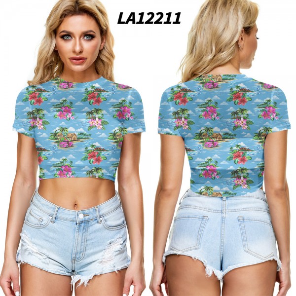 2021 New Amazon Women's cross border summer navel exposed mesh sexy short sleeve T-shirt round neck Pullover Europe and the United States 