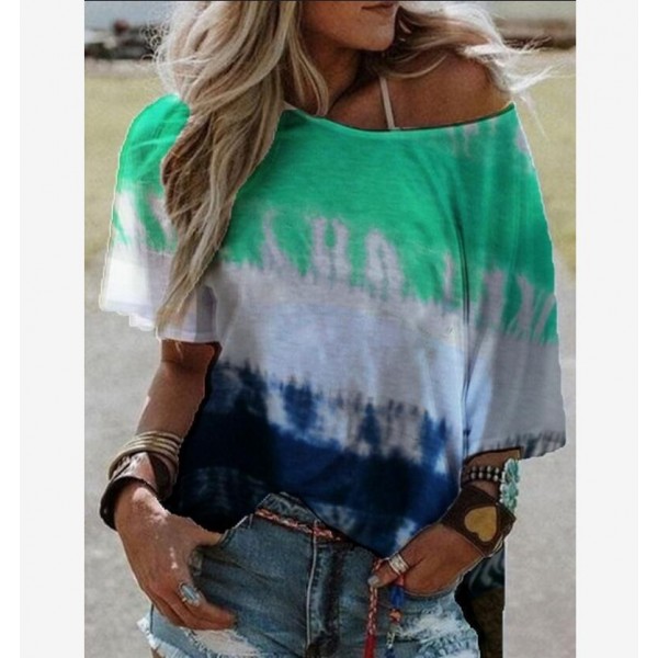 2021 European and American cross border women's clothing Amazon wish summer print gradient bat sleeve off shoulder short sleeve T-shirt 