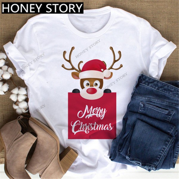 European and American Express New Christmas cartoon cute Santa elk reindeer printed men's and women's T-shirt 