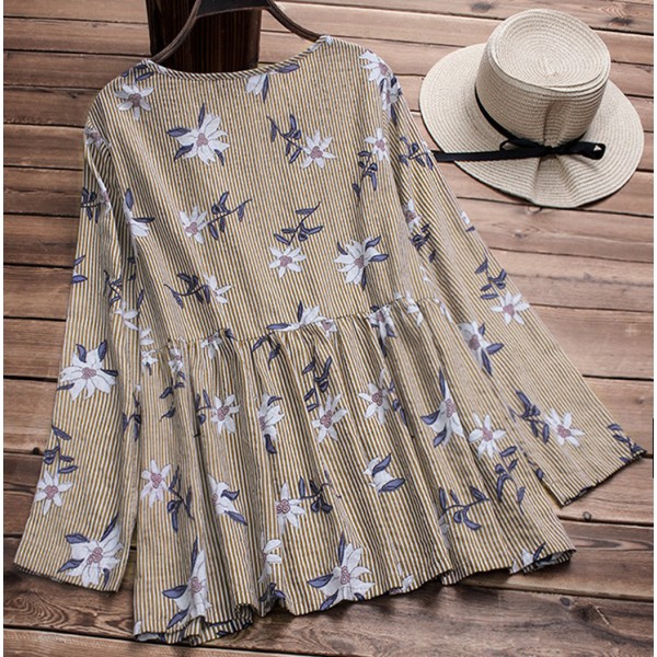 Striped embroidered long sleeve loose large women's dress shirt 