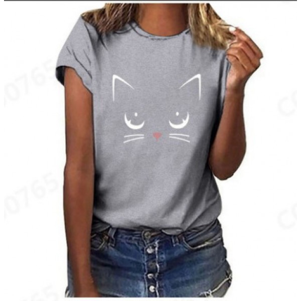 Amazon eBay European and American women's fashion pop cat printed short sleeved shirt manufacturer direct selling and wholesale 