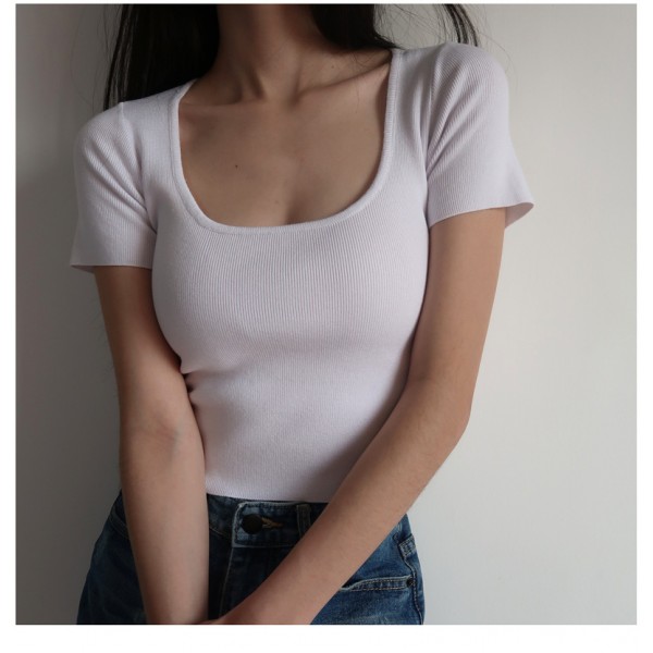 Amazon European and American slim fit T-shirt summer square neck high elastic solid color top large short sleeve belly button bottomed shirt 