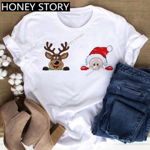 European and American Express New Christmas cartoon cute Santa elk reindeer printed men's and women's T-shirt 