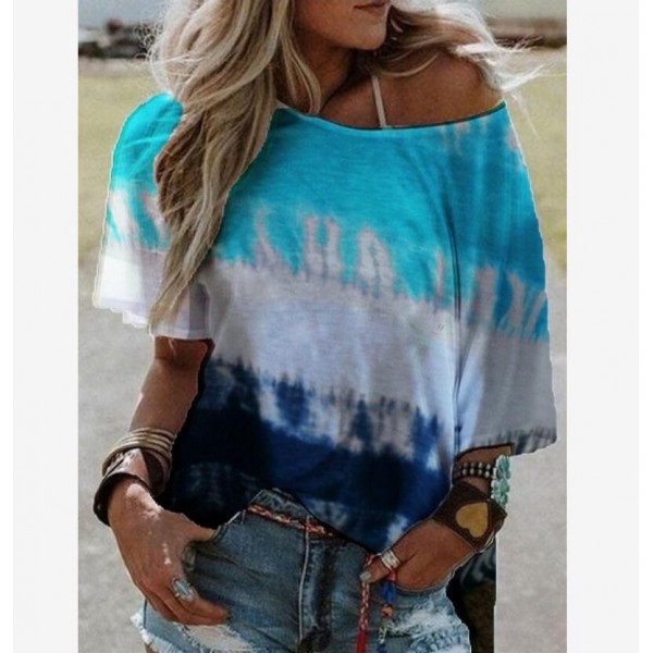 2021 European and American cross border women's clothing Amazon wish summer print gradient bat sleeve off shoulder short sleeve T-shirt 